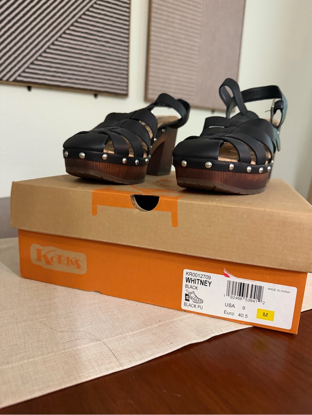 Kork-Ease Black Leather Studded Platform Clog Sandals